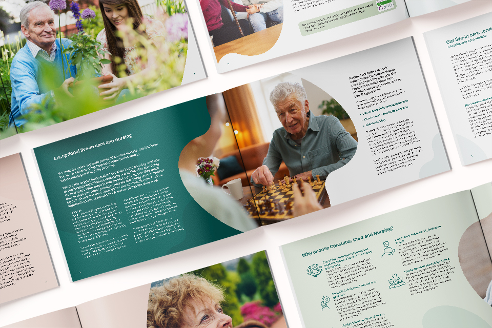Brochure pages for live-in care provider Consultus