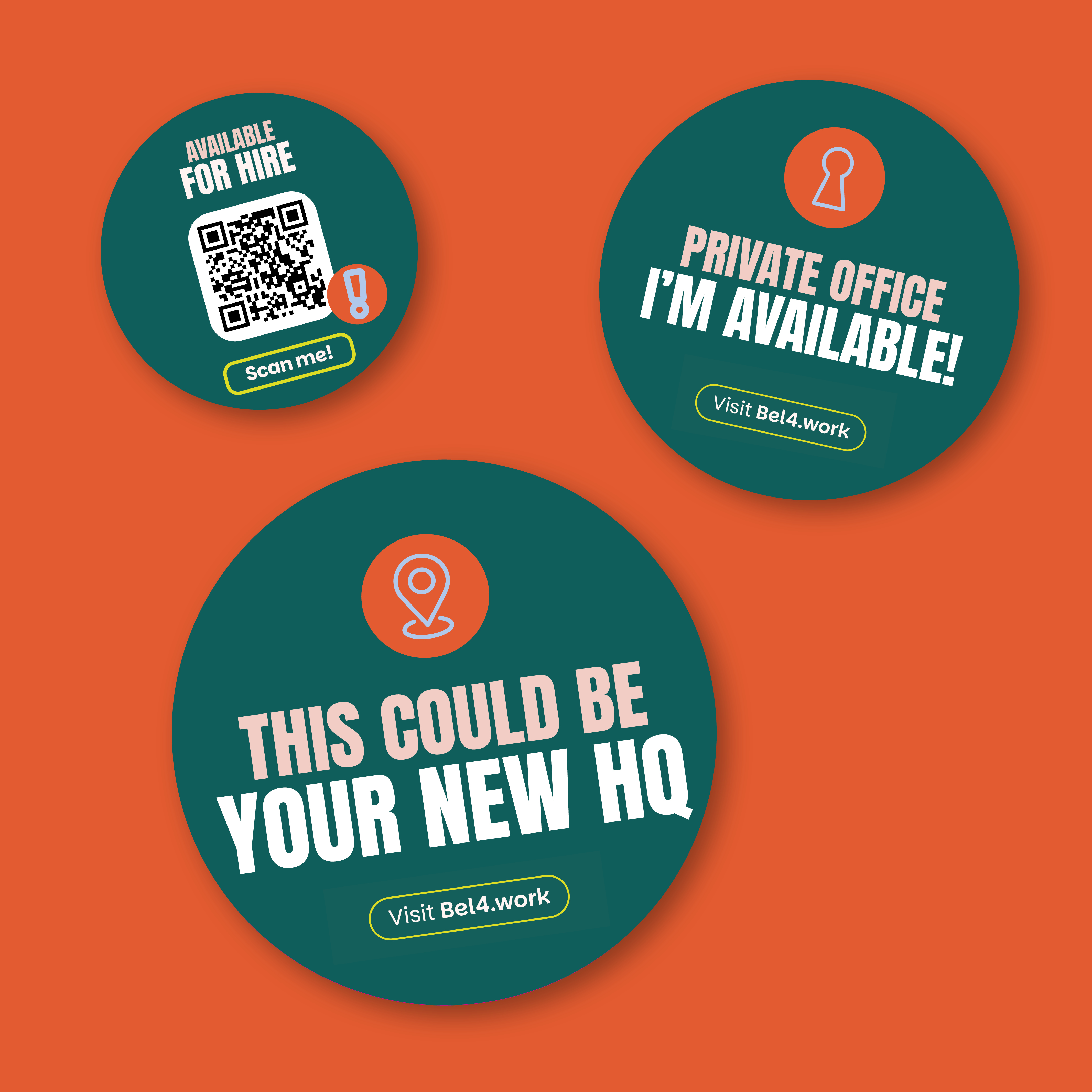 Stickers with various brand messages promoting private offices at Bel4 in Redhill