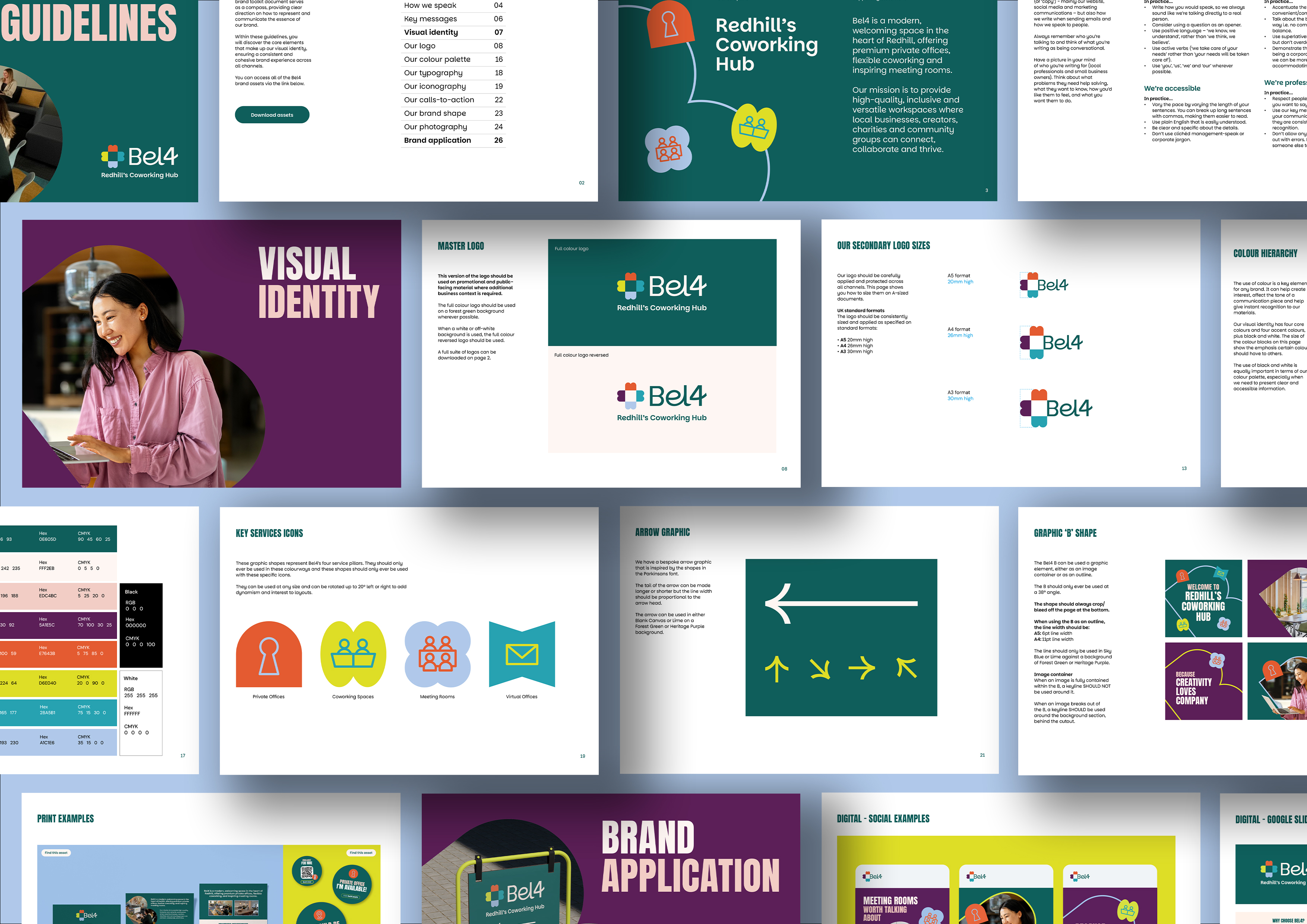 Multiple pages from the Bel4 brand toolkit designed by me&you