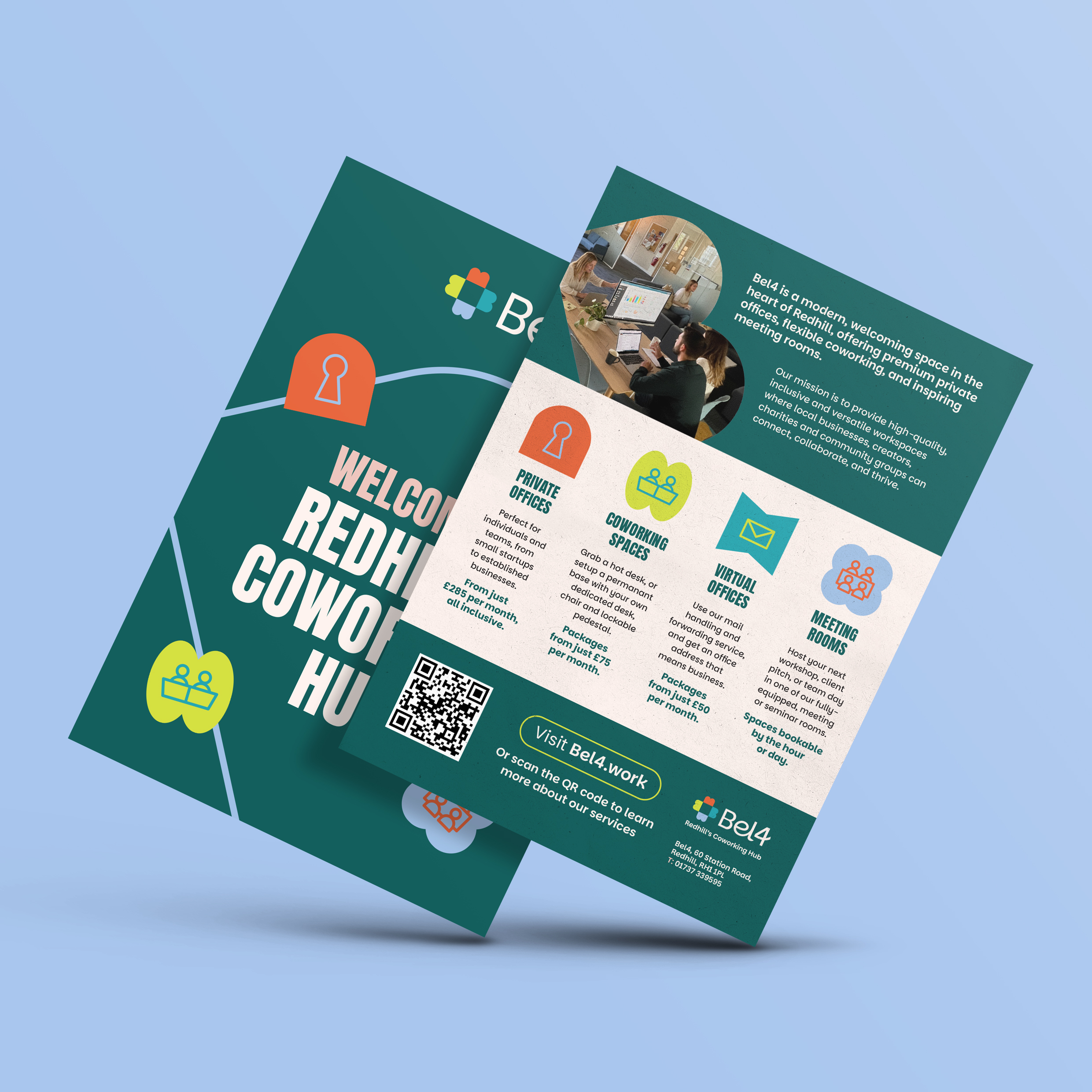 The front and back designs of a promotional flyer for Bel4 coworking space. The pages sit at angle and overlap each other on a pale blue background