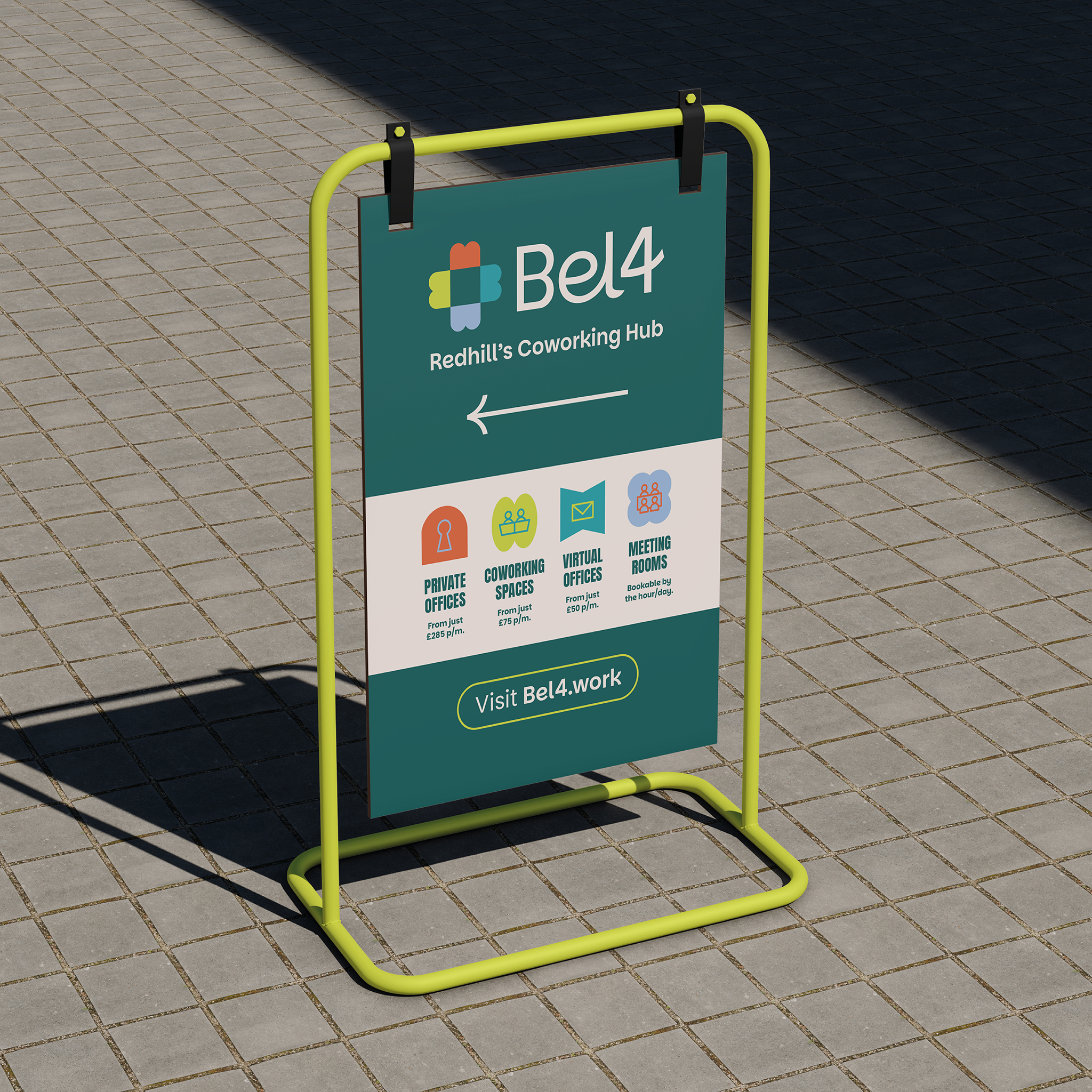 A modern freestanding sign pointing towards Bel4 coworking hub in Redhill, Surrey