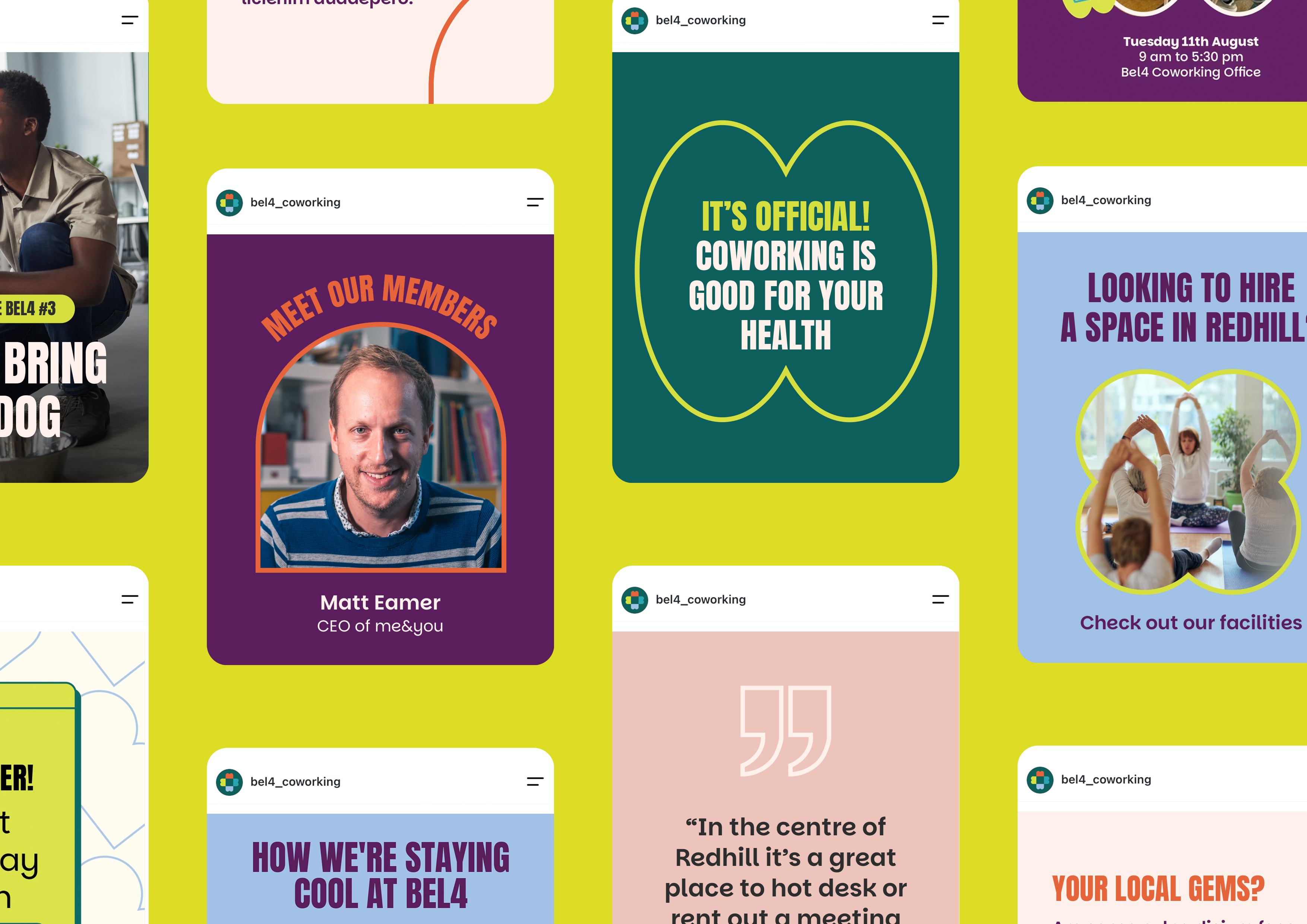 A selection of branded social media templates showing a mixture of text-only and photographic posts